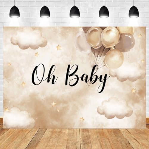 5x4ft Oh Baby Backdrop Neutral Baby Shower Decoration with Clouds and Balloons Gender Reveal Party Background for Newborn Photoshoot Photo Booth Prop Neutral Theme Party Banner - color: Color 7, size: 5x4ft