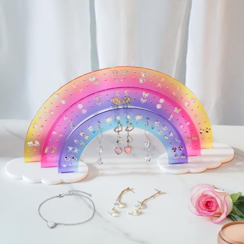 NiHome Rainbow Shaped Gradient Acrylic Earring Organizer with 140 Holes, Multicolored Jewelry Display Stand with White Cloud Base for 70 Pairs of Earrings for Home, Office, Travel, Vanity Use - color: Gradient Purple