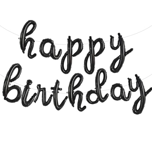 TONIFUL Black Happy Birthday Balloons Banner,Cursive Happy Birthday Balloons Black Birthday Decorations Mylar Foil Birthday Decorations for Adults - color: Low Black
