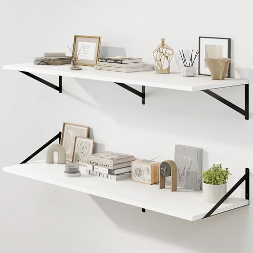 Fun Memories Floating Shelves for Wall, 12 Inch Deep Floating Shelves Set of 2, 48W x 12D Large Wall Shelf with Sturdy Metal Brackets for Living Room, Bathroom, Bedroom and Kitchen, White - color: A-white, size: 48"W x 12"D