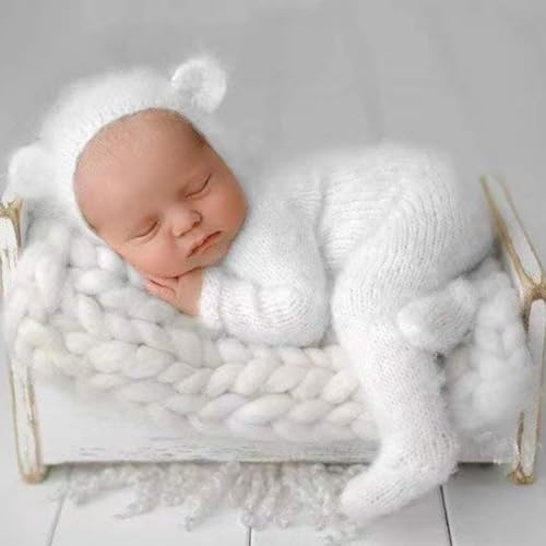 Newborn Baby Photography Props Outfits Cute Bear Hat Romper Set Infant Baby Boy Girl Photoshoot Props Costume ﻿ - color: White