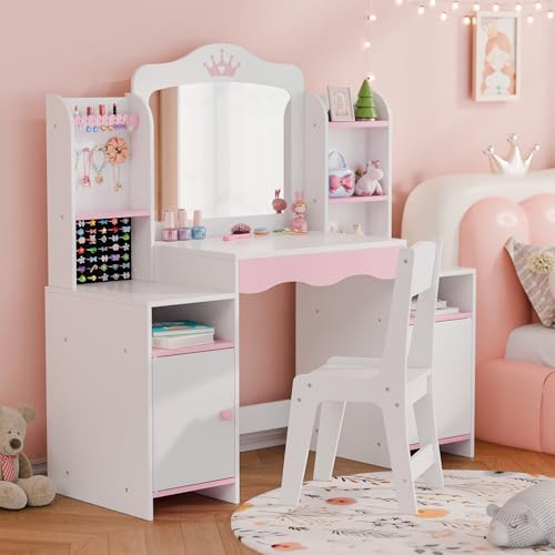 MU Kids Vanity, Girl Vanity Set with Mirror and Stool, 2 in 1 Toddler Makeup Vanity Table with Jewelry Storage, Wooden Princess Makeup Desk Dressing Table for Little Girls, (White) - color: White