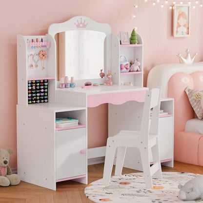 MU Kids Vanity, Girl Vanity Set with Mirror and Stool, 2 in 1 Toddler Makeup Vanity Table with Jewelry Storage, Wooden Princess Makeup Desk Dressing Table for Little Girls, (White) - color: White