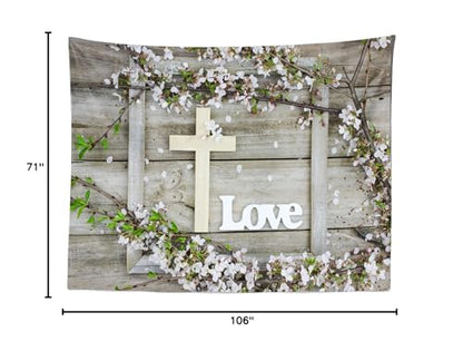 BELECO 9x6ft Fabric Rustic Wooden Board Wood Cross Backdrop Spring Cherry Blossoms Flowers Love Jesus Backdrop Easter Jesus Background Christian Church Event Party Decor Easter Kids Photo Studio Props - size: 9x6FT