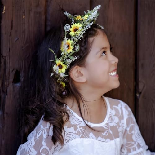 DDazzling Green Leaf Floral Crown Eucalyptus Flower Women Girls Headband Flower Headpiece Bridal Halo Photo Prop (Sunflower Yellow) - color: Sunflower Yellow
