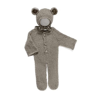 Newborn Photography Props Boys Girls Outfits Mohair Bear Hat Bonnet & Footed Romper Bodysuit Photoshoot Costume Set - color: Brown