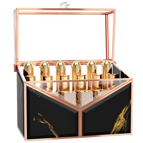 CoralHouse Lipstick Organizer - Black Glass Lipstick Holder & Nail Polish Organizer, 18-Slot Vanity Cosmetic Organizer with Removable Dividers, - color: Black