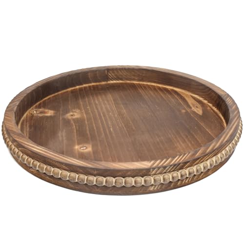 Round Burnt Wood Serving Tray with Beads, Wooden Decorative Tray for Entertaining, Decoration, and Gifting, - color: Burnt Brown Y1, size: 13"