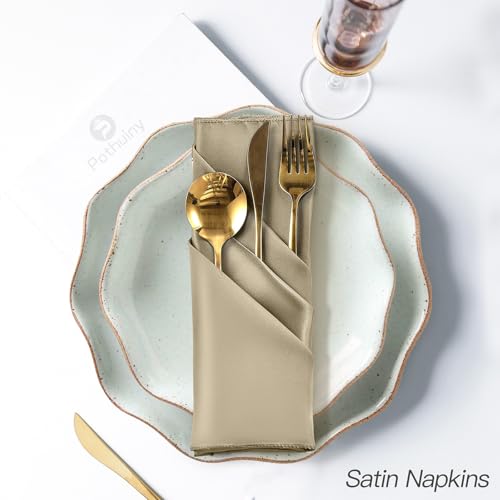 P Pothuiny 12 Pcs Silky Beige Satin Napkins 17 x 17 Inches, Square Smooth Wedding Dinner Napkins Satin Cloth Napkins Table Napkins for Banquet Party Restaurant Decor, Thanksgiving, Christmas - color: Beige