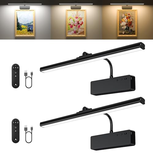Racokky Picture Light, 15.35inch Picture Lights for Wall Rechargeable, Battery Lights for Pictures on Wall, 3 Color Art Lighting for Paintings with Timer and Dimmable Artwork Display (Black-2PCS) - color: Black, size: 15.35inch-2pack