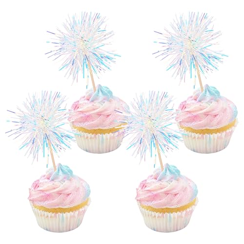 30 PCS Foil Firework Cupcake Toppers Happy Birthday Cupcake Toppers Sparkle Tinsel Flower Drink Stirrers Cocktail Fruit Toothpicks for Valentine's Day Baby Shower Party Cake Decor Supplies White - color: A White