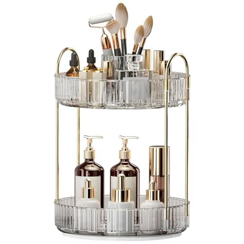 360° Rotating Makeup Organizer, Large-Capacity Skincare Make Up Storage 2 Tier Perfume Organizers Cosmetic Dresser Organizer with Makeup Brush Holder, Fits Bedroom, Bathroom, Vanity Shelf Countertop - color: Transparent, size: 2 Tier