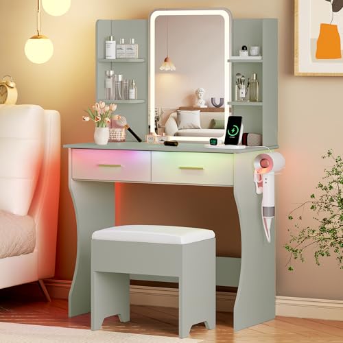 Vanity Desk with LED Lights Mirror & Power Outlet, Small Makeup Vanity Table Set with Storage Drawers & Chair, 3 Lighting Modes & Adjustable Brightness, Dressing Table for Women Girls Bedroom, Green - color: Green, size: 2 Drawers