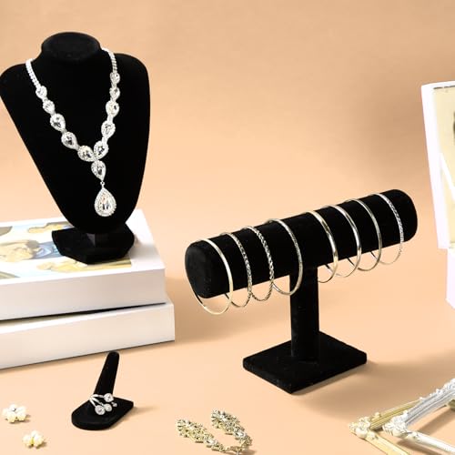 Wenqik 4 Pcs Velvet Jewelry Display Set Velvet Necklace Bust Holder Bracelet Organizer 2 Ring Finger Jewelry Holder - color: Black