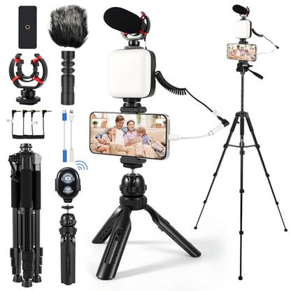 Vlogging Kit for iPhone, Android, YouTube Starter kit Content Creator Equipment with 60'' Extendable Fullsize Tripod, Soft Light and Shotgun Microphone for Vlogging, YouTube, TikTok