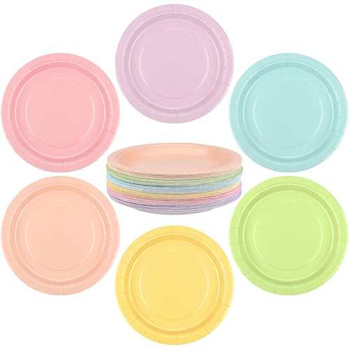 Breroa 72 Pieces Pastel Rainbow Paper Plates 7 Inch Bulk Plates Disposable Round Dessert Plate Heavy Duty Solid Color Paper Plate Table Decors Party Supply for Birthday, Dinner, Wedding - color: Pastel Rainbow