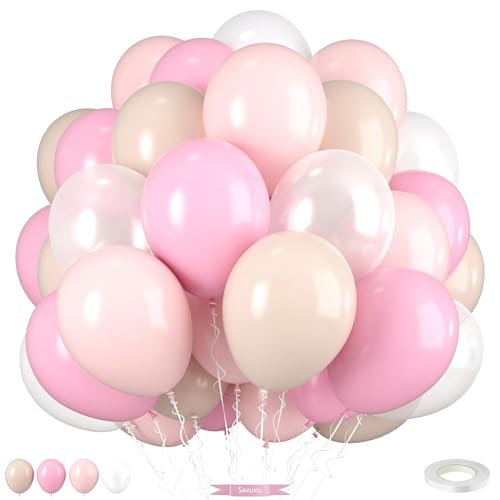 Light Pink Balloons, 12 Inch Pastel Macaron Pink and White Sand Nude Beige Pearl White Boho Balloons for Girls Women Birthday Party Wedding Engagement Bachelorette Bridal Baby Shower Decoration - color: Pink White Pearl