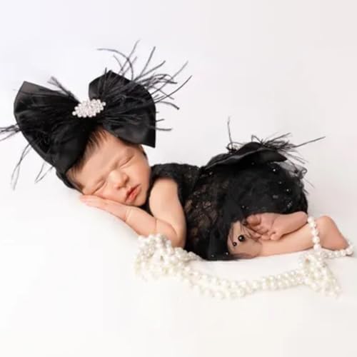 ForBaysy Newborn Photography Props Girls Outfit Feather Bow Lace Romper Newborn Dress - color: Black
