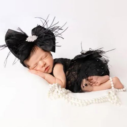 ForBaysy Newborn Photography Props Girls Outfit Feather Bow Lace Romper Newborn Dress - color: Black