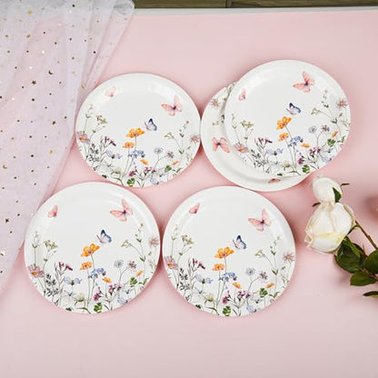 AimFun 24 Pcs Wildflower Paper Plates Watercolor Floral Disposable Party Dessert Plate 7" Rustic Botanical Butterflies Plates for Spring Summer Bridal Baby Shower Tea Party Supplies