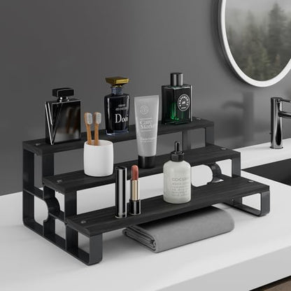 GRELY Waterproof Wooden Perfume Cologne Organizer for Men, 3 Tier 11.2 Inch Compact Stand with ABS Frame, Anti-Slip for Dresser Bathroom (Black, 3 Tier 11.2") - size: 3 Tier 11.2"