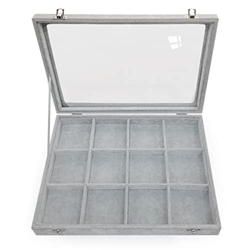 Removable 12 Grids Bracelet Organizer Box Ice Velvet Clear Lid Bangle Jewelry Tray Display Case Grey - color: 12 Grids