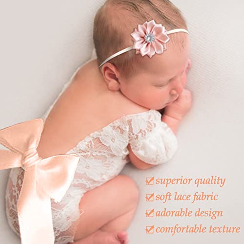 4 PCS Newborn Photography Props Outfits-BabyTutu Skirt Cute Bow Headdress and Lace Rompers Flower Headband Sets for Infants Girl Boy White