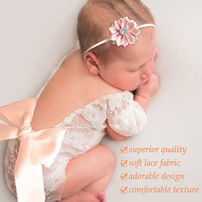 4 PCS Newborn Photography Props Outfits-BabyTutu Skirt Cute Bow Headdress and Lace Rompers Flower Headband Sets for Infants Girl Boy White