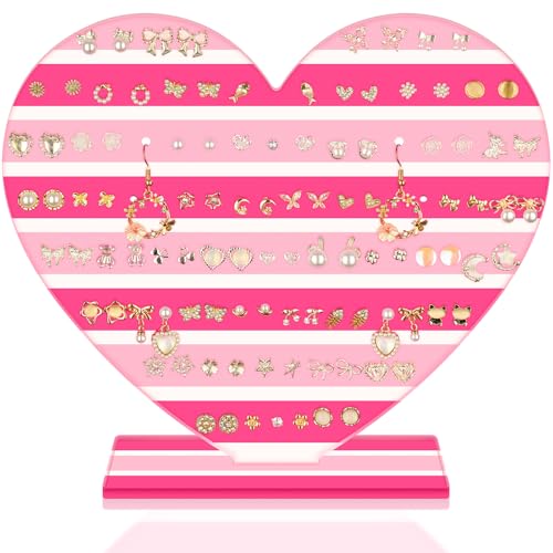 NiHome Heart-Shaped Acrylic Earring Holder Stand for Studs & Dangles, Romantic Jewelry Organizer for Vanity Dresser or Boutique Decorative Display, Holds Up to 55 Pairs with 110 Holes (Pink Stripes) - color: Pink Stripes