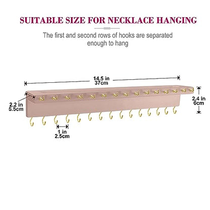 YYILIS Necklace Holder, Upgraded Extra Large Wall Necklace Organizer with 30 Hooks Wall Mounted Necklace Hanger with Jewelry Tray/Cosmetics Shelf Rustic Pine Wood Holder (Pink) - color: Pink