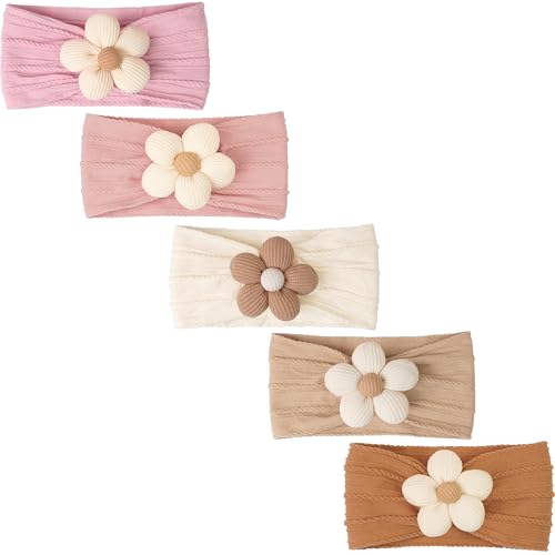 CÉLLOT 5 Pcs Baby Flower Headbands Baby Girls Nylon Headbands Soft Hairbands Hair Accessories for Newborn Infant Toddler Kids - color: Beige+Pink+Purple+Brown+Orange