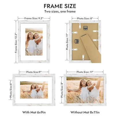 Hongkee 8x11 Picture Frame with Glass, Display Pictures 6x9 with Mat or 8 x 11 without Mat - Wall and Tabletop, 8 by 11 Photo Wooden Frames (Distressed White, 1 Pack) - color: Distressed White, size: 8X11 in