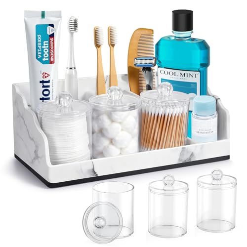 TuCao Bathroom Counter Organizer with 3PCS Qtip Holder, Marble Toothbrush Holders for Bathrooms, Bathroom Organizers and Storage with Drain Holes, Electric Toothbrush Holder, Vanity Organizer - color: Black, size: 3 Cups