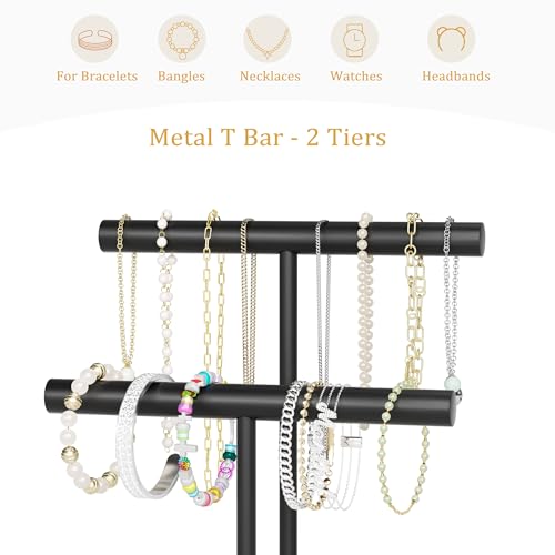 SZQINJI Jewelry Holder Organizers Bracelet Holder Display Stand, Solid Wood Base with 2 Tier Metal T-bar for Bracelet Wristband Bangle Watch Necklace Hanging, Black, Christmas Gift - size: 2 Tier