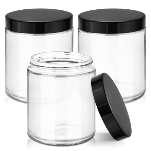 Tecohouse 8oz Glass Jars with Lids, 3 Pack Candle Jars with Blank Labels, 250g Clear Glass, Wide Mouth | Cosmetic Containers for Sample, Cream, Lotion, Honey, Powder, Jelly | Kitchen & Home - color: Clear-Black Lids