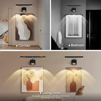Motion Sensor Picture Light with Remote & Extendable Bar, 600 Lumens Dimmable LED Wall Light, 5000mAh Rechargeable Battery Operated for Artwork, Photos, Hallway, Bedroom,Black - color: Black 1 Pack