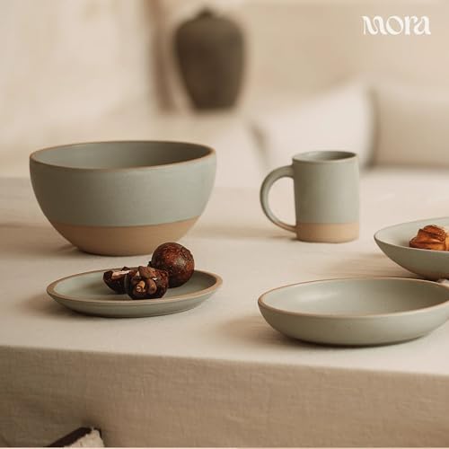 MORA Medium Plates Set of 4, 8.5 inch Ceramic Pottery Salad Plates - Microwave, Oven and Dishwasher Safe - Thyme - color: Thyme