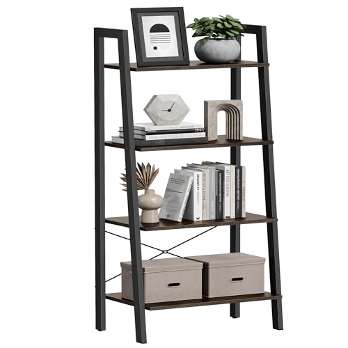 VASAGLE Ladder Shelf, 4-Tier Bookshelf, Storage Rack, Bookcase with Steel Frame, for Living Room, Home Office, Kitchen, Bedroom, Industrial Style, Hickory Brown and Ink Black ULLS44BF - color: Hickory Brown + Ink Black, size: 4 Tiers (22"W)