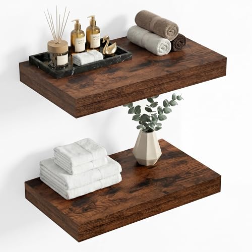 Heimlove 12 Inch Deep Floating Shelves, 16 x 12 inches Long Wall Shelf, Large Extra Display Shelf & Storage Shelf, Rustic Wood Wall Shelves for Fireplace Mantel, Brown - 2Pack - color: Rustic Brown, size: 16"W x 12"D x 2"H, Set of 2