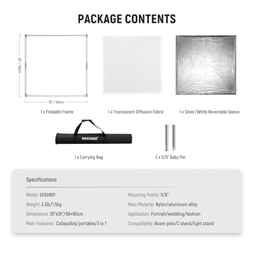 NEEWER Light Diffusion Panel Scrim Kit with Silver/White Reflector Film 35"x35" Foldable Frame with 5/8" Baby Pins Handle for C Stand 3 in 1 Diffuser for Studio Portrait Product Photography, SF9090F - size: 35"x35"