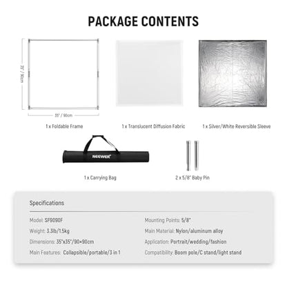 NEEWER Light Diffusion Panel Scrim Kit with Silver/White Reflector Film 35"x35" Foldable Frame with 5/8" Baby Pins Handle for C Stand 3 in 1 Diffuser for Studio Portrait Product Photography, SF9090F - size: 35"x35"