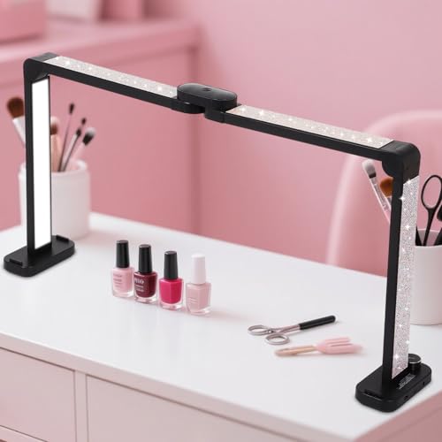 34in Half Moon Light for Nail Desk, Foldable LED Lamp for Nail Art, Tattooing, Craft Making, Stepless Dimming, 3000-6000K Color Temperature Adjustment, 456 Light Beads, White with Diamond - color: Black with Diamond