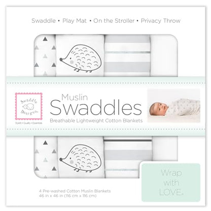 SwaddleDesigns Cotton Muslin Swaddle Blankets, Set of 4, Receiving Blankets for Baby Boys & Girls, Best Shower Gift, 46x46 inches, Black Hedgehogs - color: Hedgehog
