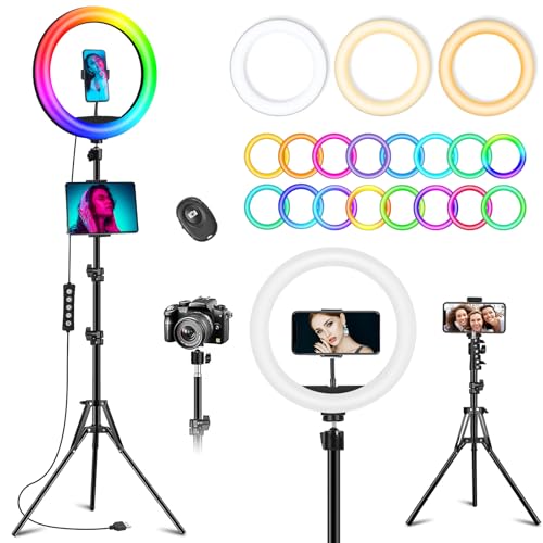 12.3" Ring Light with Stand & Phone Holder Tall 75", 51 Color Modes Circle Lights Selfie Ringlight with Tablet Holder, 12 Dimming Levels Christmas LED Halo Light Tripod for iPhone Video Recording/Vlog - size: 12.3 Inch
