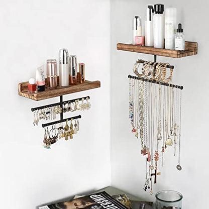 Keebofly Hanging Wall Mounted Jewelry Organizer with Rustic Wood Jewelry Holder Display for Necklaces Bracelet Earrings Ring Set of 2 Carbonized Black,[Patented] - color: Carbonized Black