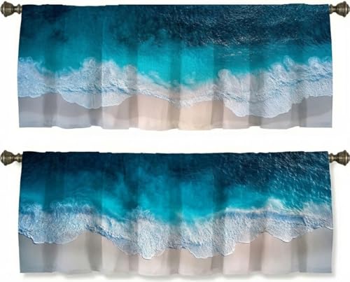 Ocean Curtain, Two-Pack, Aerial Beach Wave Turquoise Sand Coastal View,Applicable to Bathroom, Bedroom, 54x18 inches. - color: Ocean