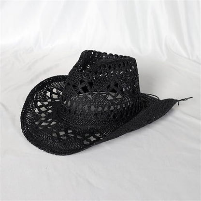 Straw Cowboy Hats Ventilated Hollow Round Foldable Sun Hats for Women Summer Western Cowgirl Beach Hat Photo Prop - color: Black