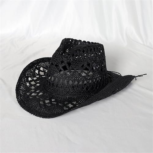 Straw Cowboy Hats Ventilated Hollow Round Foldable Sun Hats for Women Summer Western Cowgirl Beach Hat Photo Prop - color: Black