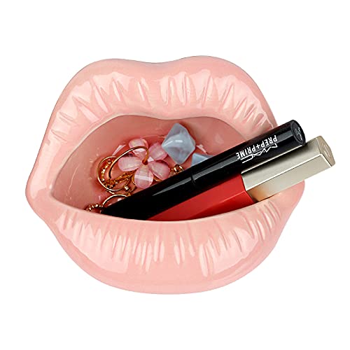 Trycooling Ceramic Red Lips Lipstick Ring Holder Jewelry Tray Rack Decorative Cosmetic Storage Display Holder Desktop Hairpin Storage Organizer Birthday Choice (Pink) - color: Pink
