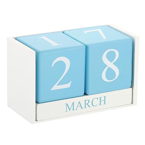 PATIKIL Vintage Wood Block Perpetual Calendar, Reusable Wooden Month Date Display Blocks for Desk Office Home Decoration Style 1, White Blue